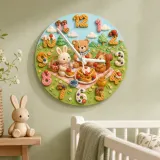 Woodland Animal Waffle Kids Room Wall Clock | Forest Picnic Nursery Decor, Baby Shower Birthday Gift (13.6 inch / 34.5 cm)