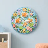 Whimsical Goldfish Pond Kids Room Wall Clock | Pastel Lotus Flower Nursery Home Decor, Sweet Newborn Baby Shower Gift (13.6 inch / 34.5 cm)