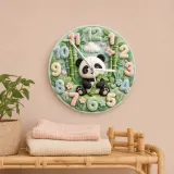 Pastel Panda Bear and Bamboo Kids Room Wall Clock | Cute Jungle Animal Nursery Wall Decor, Baby Shower Gift Keepsake (13.6 inch / 34.5 cm)