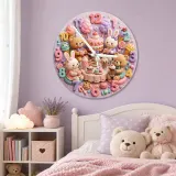 Pastel Teddy Bear & Bunny Sweet Treats Tea Party Kids Room Wall Clock | Kawaii Nursery Decor, Little Girls Room Gift (13.6 inch / 34.5 cm)