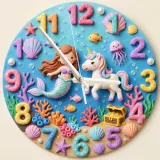 Mermaid & Sea Unicorn Kids Room Wall Clock | Magical Underwater Ocean Nursery Wall Decor, Little Girl Bedroom Gift (13.6 inch / 34.5 cm)
