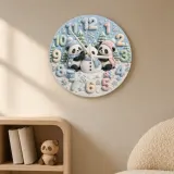 Winter Pandas Building Snowman Kids Room Wall Clock | Pastel Nursery Art, Unique Baby Shower Gift For Boys & Girls (13.6 inch / 34.5 cm)