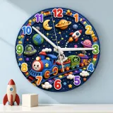 Galaxy Space Train Kids Room Wall Clock | Astronaut Nursery Decor, Little Boy Bedroom Baby Shower & Birthday Gift (13.6 inch / 34.5 cm)