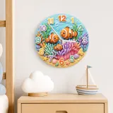 Clownfish Coral Reef Kids Room Wall Clock | Vibrant Underwater Ocean Nursery Decor, Baby Shower Gift For Boy Or Girl (13.6 inch / 34.5 cm)