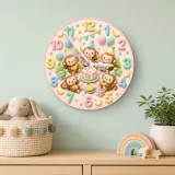 Pastel Monkey Birthday Kids Room Wall Clock | Cute Safari Animal Nursery Decor, Sweet Baby Shower Gift For Children (13.6 inch / 34.5 cm)