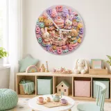 Pastel Teddy Bear & Bunny Sweet Treats Tea Party Kids Room Wall Clock | Kawaii Nursery Decor, Little Girls Room Gift (13.6 inch / 34.5 cm)