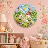 Farm Animal Sheep Kids Room Wall Clock | Whimsical Barnyard Nursery Decor, Baby Shower Gift For Boy Or Girl Room Art (13.6 inch / 34.5 cm)