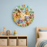 Safari Animals Ice Cream Kids Room Wall Clock | Jungle Nursery Decor, Baby Boy Girl Birthday Gift (13.6 inch / 34.5 cm)
