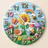 Whimsical Garden Gnome Kids Room Wall Clock | Snail And Sunflower Nursery Decor, Baby Girl Shower Keepsake Present (13.6 inch / 34.5 cm)