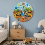 Construction Trucks Kids Room Wall Clock | Excavator Nursery Decor, Little Builder Boy Bedroom Playroom Art Keepsake (13.6 inch / 34.5 cm)