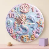 Pastel Mermaid And Dolphin Kids Room Wall Clock | Magical Ocean Nursery Decor Art, Little Girl Bedroom Birthday Gift (13.6 inch / 34.5 cm)