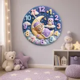 Sleeping Bear and Owl Kids Room Wall Clock | Pastel Starry Night Nursery Decor, Baby Shower Gift For Boys & Girls (13.6 inch / 34.5 cm)