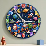 Galaxy Space Train Kids Room Wall Clock | Astronaut Nursery Decor, Little Boy Bedroom Baby Shower & Birthday Gift (13.6 inch / 34.5 cm)