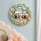 Whimsical Panda Tea Party Kids Room Wall Clock | Pastel Bamboo Nursery Decor, Baby Shower Birthday Keepsake Present (13.6 inch / 34.5 cm)