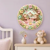 Monkey Tea Party Picnic Kids Room Wall Clock | Pastel Floral Nursery Decor, Sweet Baby Girl Shower And Birthday Gift (13.6 inch / 34.5 cm)