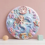 Pastel Mermaid And Dolphin Kids Room Wall Clock | Magical Ocean Nursery Decor Art, Little Girl Bedroom Birthday Gift (13.6 inch / 34.5 cm)
