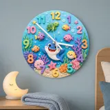 Ocean Shark Sea Creatures Kids Room Wall Clock | Underwater Nursery Decor, Baby Boy And Girl Birthday Gift Keepsake (13.6 inch / 34.5 cm)