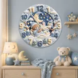 Sleepy Winter Bear & Bunny Kids Room Wall Clock | Blue Night Sky Nursery Decor, Sweet Baby Boy Shower Gift Keepsake (13.6 inch / 34.5 cm)