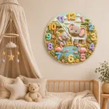 Safari Elephant & Flamingo Kids Room Wall Clock | Pastel Jungle Animal Nursery Decor, Beautiful Baby Shower Keepsake (13.6 inch / 34.5 cm)