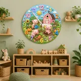 Playful Farm Pigs Kids Room Wall Clock | Barnyard Animal Nursery Decor, Baby Shower Or Birthday Gift For Boy Or Girl (13.6 inch / 34.5 cm)