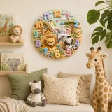 Safari Jungle Animals Kids Room Wall Clock | Cute Lion Elephant Nursery Decor, Playroom Baby Shower Boy Girl Gift (13.6 inch / 34.5 cm)