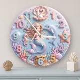 Pastel Mermaid And Dolphin Kids Room Wall Clock | Magical Ocean Nursery Decor Art, Little Girl Bedroom Birthday Gift (13.6 inch / 34.5 cm)