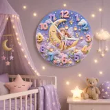 Sleeping Fairy Moon Kids Room Wall Clock | Magical Pastel Cloud Nursery Decor, Baby Girl Room Birthday Keepsake Gift (13.6 inch / 34.5 cm)