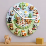 Woodland Animal Picnic Kids Room Wall Clock | Faux Felt Forest Nursery Decor, Baby Shower Gift For Baby Boys & Girls (13.6 inch / 34.5 cm)