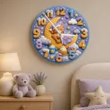 Sleeping Bear Moon Kids Room Wall Clock | Pastel Night Sky Nursery Decor, Sweet Baby Shower Gift (13.6 inch / 34.5 cm)
