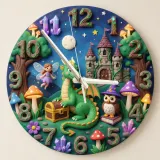 Magical Dragon and Fairy Kids Room Wall Clock | Fantasy Castle Nursery Decor, Whimsical Storybook Birthday Gift Idea (13.6 inch / 34.5 cm)