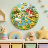 Cute Farmyard Duck Pond Kids Room Wall Clock | Whimsical Red Barn Nursery Decor, Baby Shower Gift For Boys Or Girls (13.6 inch / 34.5 cm)
