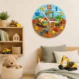 Construction Trucks Kids Room Wall Clock | Digger And Excavator Nursery Decor, Toddler Boy Playroom Birthday Present (13.6 inch / 34.5 cm)