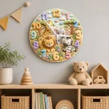 Safari Jungle Animals Kids Room Wall Clock | Cute Lion Elephant Nursery Decor, Playroom Baby Shower Boy Girl Gift (13.6 inch / 34.5 cm)