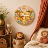 Pastel Safari Lion Family Kids Room Wall Clock | Cute Jungle Animal Nursery Decor, Perfect Baby Shower Gift Keepsake (13.6 inch / 34.5 cm)