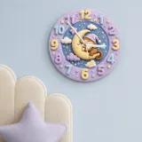 Sleeping Monkey on Moon Kids Room Wall Clock | Pastel Night Sky Nursery Decor, Cute Baby Shower Gift for Newborns (13.6 inch / 34.5 cm)