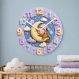 Sleeping Monkey on Moon Kids Room Wall Clock | Pastel Night Sky Nursery Decor, Cute Baby Shower Gift for Newborns (13.6 inch / 34.5 cm)