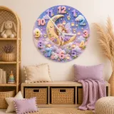 Sleeping Fairy Moon Kids Room Wall Clock | Magical Pastel Cloud Nursery Decor, Baby Girl Room Birthday Keepsake Gift (13.6 inch / 34.5 cm)
