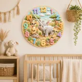 Cute Safari Rhino & Meerkat Kids Room Wall Clock | Wild Animal Nursery Decor, Baby Shower Birthday Keepsake Present (13.6 inch / 34.5 cm)