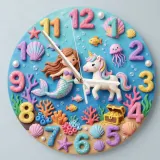 Mermaid & Sea Unicorn Kids Room Wall Clock | Magical Underwater Ocean Nursery Wall Decor, Little Girl Bedroom Gift (13.6 inch / 34.5 cm)