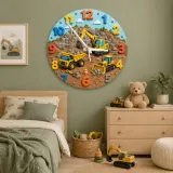 Construction Trucks Kids Room Wall Clock | Yellow Excavator Nursery Decor, Little Boy Bedroom Playroom Gift Keepsake (13.6 inch / 34.5 cm)