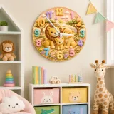 Pastel Safari Lion Family Kids Room Wall Clock | Cute Jungle Animal Nursery Decor, Perfect Baby Shower Gift Keepsake (13.6 inch / 34.5 cm)