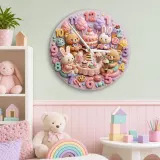 Pastel Teddy Bear & Bunny Sweet Treats Tea Party Kids Room Wall Clock | Kawaii Nursery Decor, Little Girls Room Gift (13.6 inch / 34.5 cm)