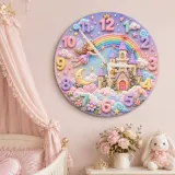Magical Fairy Tale Castle Kids Room Wall Clock | Pastel Rainbow Nursery Decor, Little Girl Bedroom Birthday Keepsake (13.6 inch / 34.5 cm)