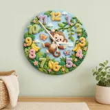 Swinging Safari Monkey Kids Room Wall Clock | Pastel Jungle Nursery Decor, Unique Baby Shower Gift For Boys Or Girls (13.6 inch / 34.5 cm)