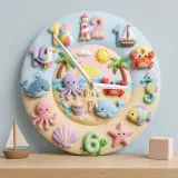 Pastel Ocean Animals Kids Room Wall Clock | Under The Sea Nursery Decor, Beach Theme Baby Shower Gift For Boy Girl (13.6 inch / 34.5 cm)