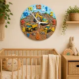 Construction Trucks Kids Room Wall Clock | Yellow Excavator Nursery Decor, Little Boy Bedroom Playroom Gift Keepsake (13.6 inch / 34.5 cm)