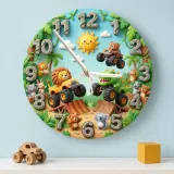 Safari Animal Monster Truck Kids Room Wall Clock | Dinosaur Boy Nursery Decor, Fun Toddler Playroom Birthday Gift Idea (13.6 inch / 34.5 cm)