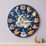 Space Animals & Planets Kids Room Wall Clock | Whimsical Night Sky Nursery Decor, Baby Shower And Birthday Present (13.6 inch / 34.5 cm)