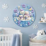 Polar Bear Family Kids Room Wall Clock | Arctic Winter Wonderland Nursery Decor, Cute Baby Shower Gift For Newborn (13.6 inch / 34.5 cm)