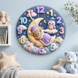 Sleeping Bear and Owl Kids Room Wall Clock | Pastel Starry Night Nursery Decor, Baby Shower Gift For Boys & Girls (13.6 inch / 34.5 cm)